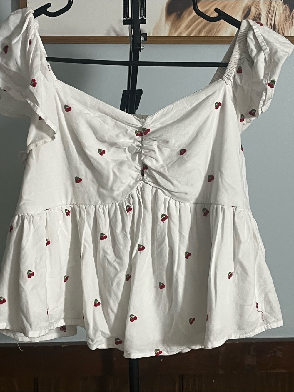 Japna White Peplum Top with Red Cherry Embroidery